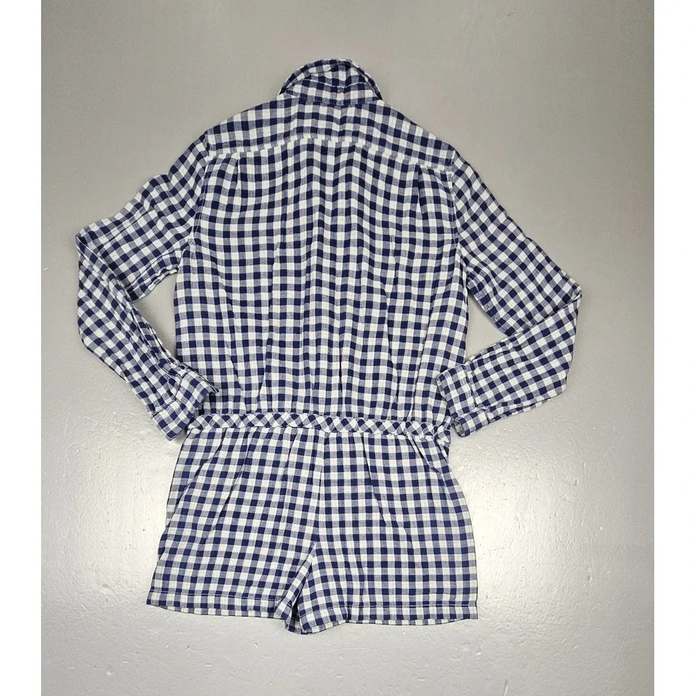 Vintage Polo Ralph Lauren Romper Girls 14 Blue White‎ Gingham Plaid Long Sleeve